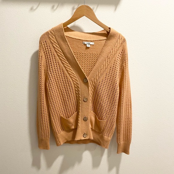 Papaya Oversized Knit Button Up Low V Neck Cardigan with Pockets in Pink - Picture 1 of 2